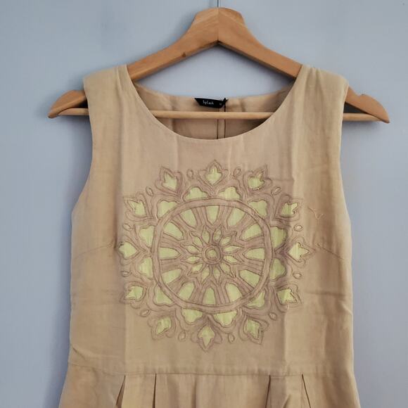 Splash Sleeveless Cotton Linen Blend Floral Embroidered Beige Sundress 10 - Picture 3 of 8